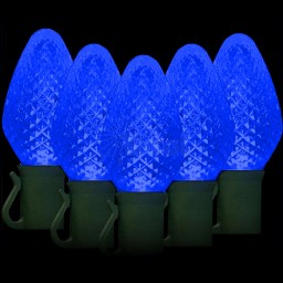 LED blue Christmas lights 50 C7 faceted LED bulbs 8" spacing, 34.2ft. green wire, 120VAC